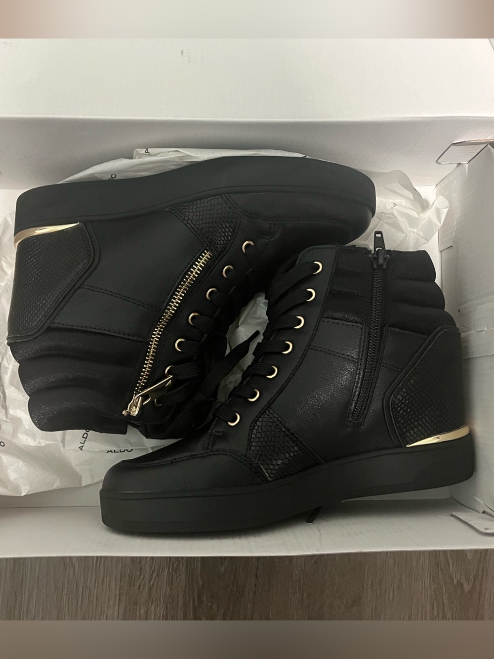 Aldo Black Leather Lace-Up Wedge Boots with Gold Accents